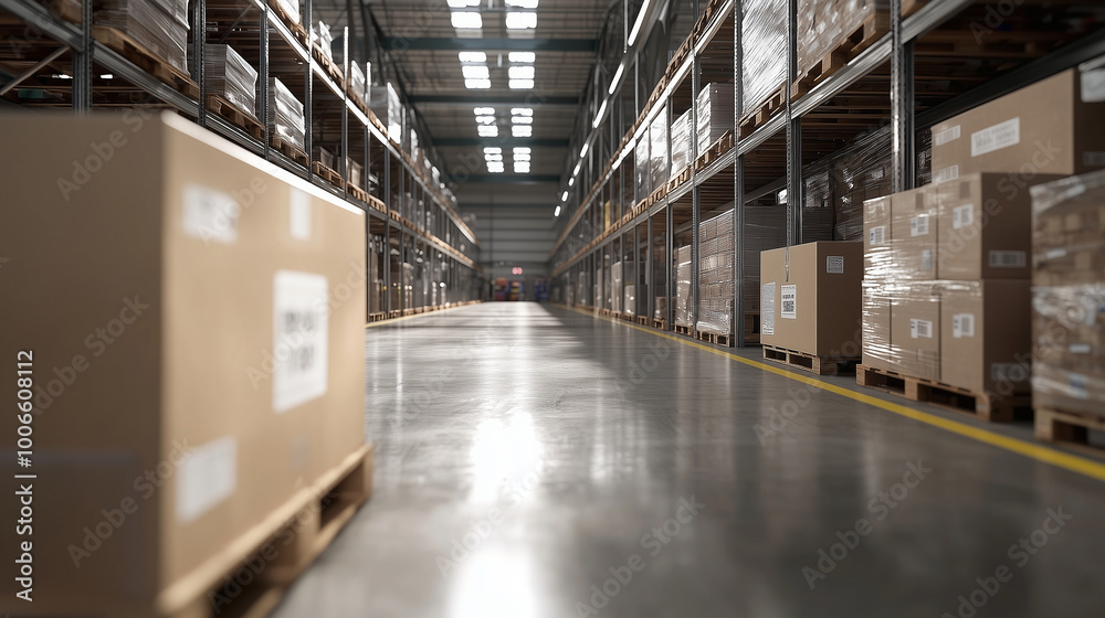 Augmented reality interface in a warehouse, showing live updates of package tracking, delivery routes, and logistics data on a transparent digital screen. photo