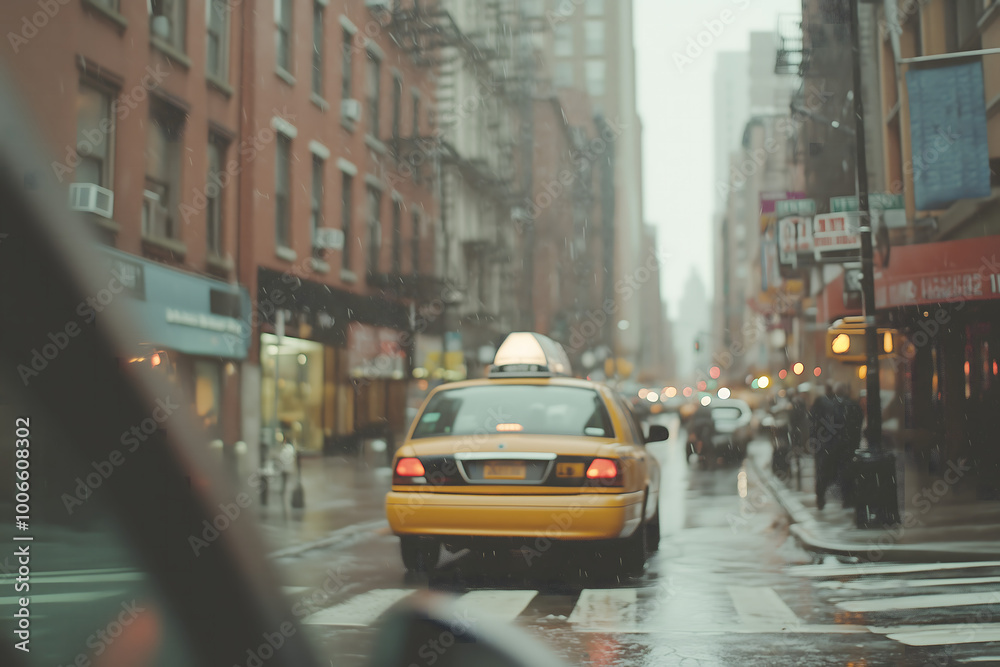 Yellow Cab in Snowy City Street  Urban Transportation  Wintery Weather  Blurred Background