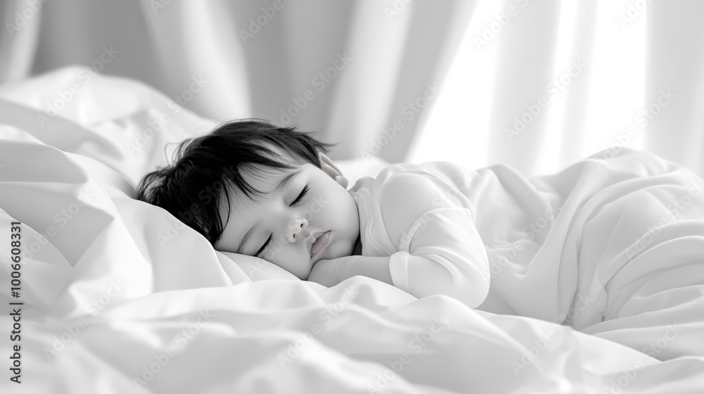 peaceful baby sleeping on soft bed, surrounded by white bedding and gentle light. serene atmosphere evokes sense of calm and tranquility peaceful baby sleeping on soft bed, surrounded by white bedding and gentle light. serene atmosphere evokes sense of calm and tranquility