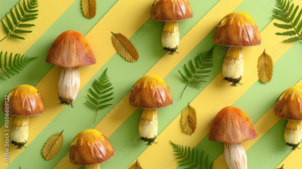 Mushroom presented on a muted background, colorful fungi image. Background neutral, mushroom radiant.