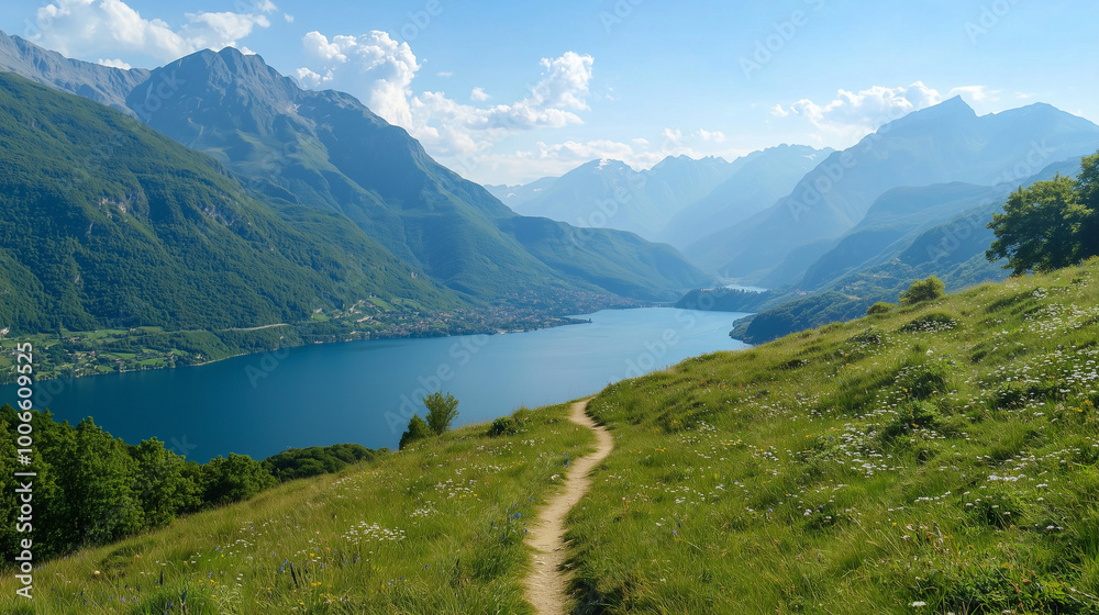 Obraz premium A panoramic view of towering mountains with a winding hiking trail leading to a sparkling blue lake nestled in the valley, surrounded by lush greenery and wildflowers in bloom. pho