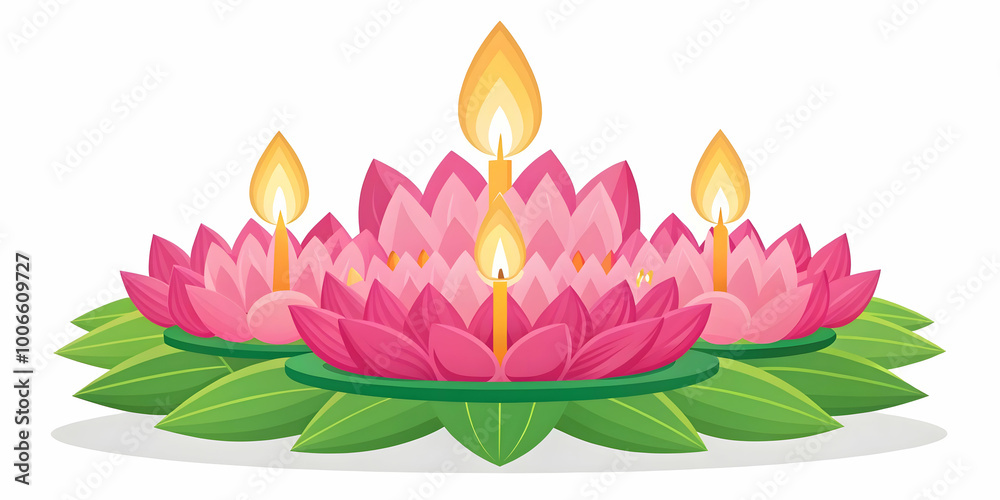 Flat Loy Krathong Celebration with Glowing Lanterns on a Glossy Lake - Simple Vector Illustration Featuring Ample Copy Space for Festive Messages Flat Loy Krathong Celebration with Glowing Lanterns on a Glossy Lake - Simple Vector Illustration Featuring Ample Copy Space for Festive Messages