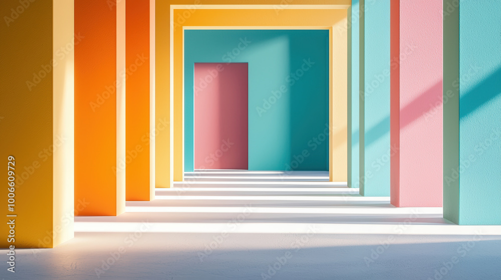 Vibrant colored walls create stunning geometric frame, leading eye through series of colorful doorways. This artistic space evokes sense of creativity and exploration