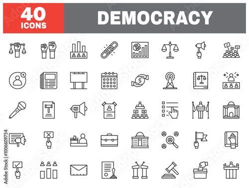 Set of 40 line icons democracy. Outline icon collection. Editable stroke. Vector illustration.