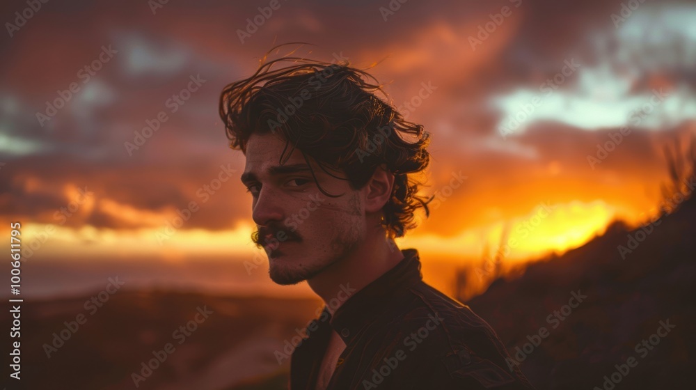 Dramatic Portrait of a Mustachioed Man Against a Vivid Sunset Sky for Posters or Prints Dramatic Portrait of a Mustachioed Man Against a Vivid Sunset Sky for Posters or Prints
