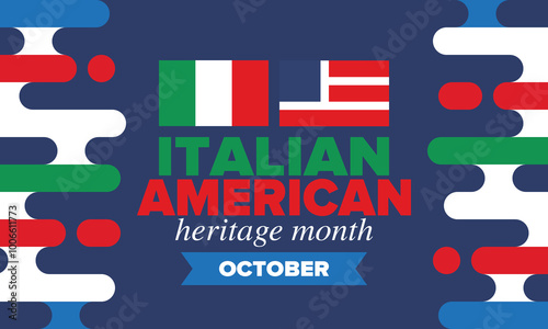 Italian American Heritage Month. Happy holiday celebrate annual in October. Italy and United States flag. Culture month. Patriotic design. Poster, card, banner, template. Vector illustration