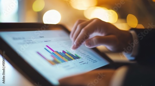 Businessman analyzing financial data on digital tablet in office at night