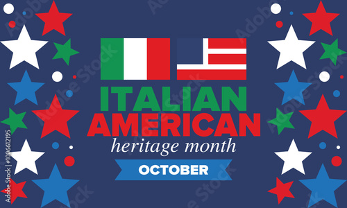 Italian American Heritage Month. Happy holiday celebrate annual in October. Italy and United States flag. Culture month. Patriotic design. Poster, card, banner, template. Vector illustration