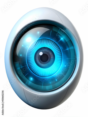 Futuristic Biometric Voter Iris Scan: Extreme Close-Up of Eye with Holographic Voting Interface and Glowing Blue Accents - Isolated on White Background