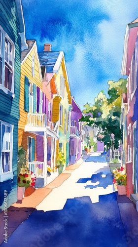 Colorful street scene watercolor painting, vibrant