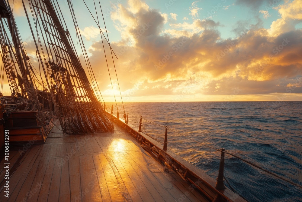 Obraz premium Vintage Ship Deck at Sunset Over the Ocean
