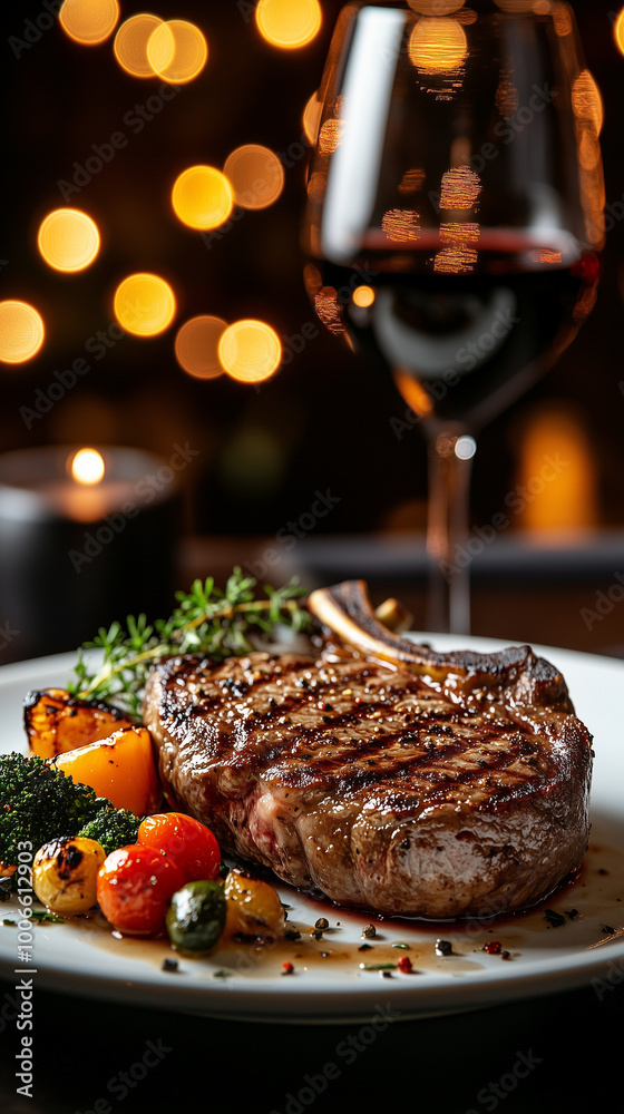 Gourmet steak dinner with wine and seasonal vegetables