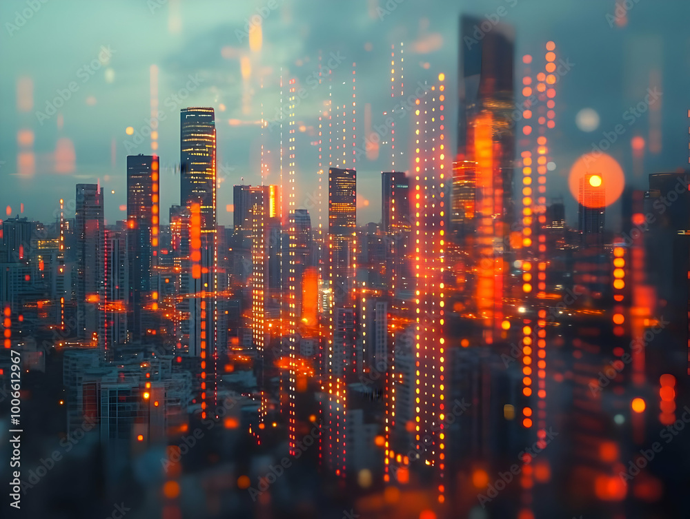 Flat Blurred Cityscape Illustration with Bokeh Lights and Financial Graphs Symbolizing Economic Growth for Business Advertising Flat Blurred Cityscape Illustration with Bokeh Lights and Financial Graphs Symbolizing Economic Growth for Business Advertising