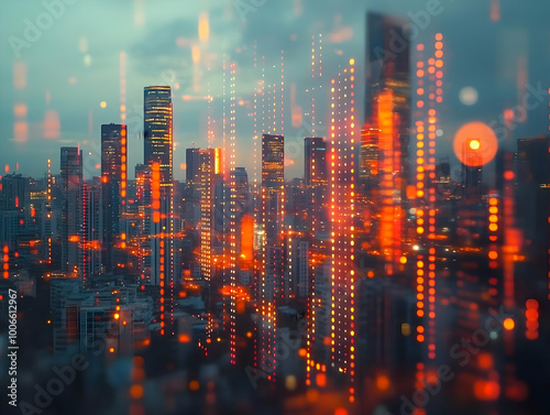 Flat Blurred Cityscape Illustration with Bokeh Lights and Financial Graphs Symbolizing Economic Growth for Business Advertising