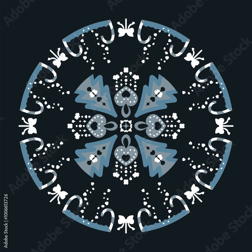 Mandala. Pattern. Hearts, Christmas Trees, Candy Canes, Butterflies. Fancy. Blue, White.
