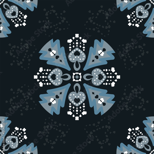 Seamless Pattern. Hearts, Christmas Trees, Butterflies. Fancy. Blue, White.