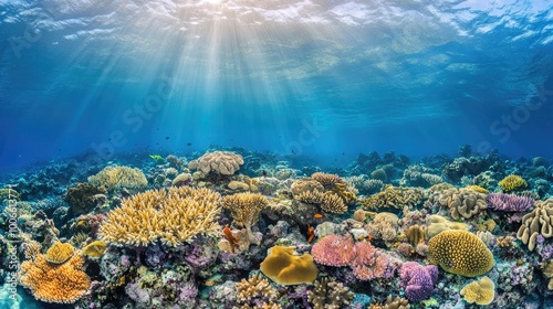 A panoramic view of a coral reef ecosystem, bursting with bright colors and teeming with marine life, showcasing the beauty of ocean biodiversity.