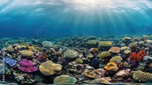 Fototapeta Naklejka Na Ścianę i Meble -  A panoramic view of a coral reef ecosystem, bursting with bright colors and teeming with marine life, showcasing the beauty of ocean biodiversity.
