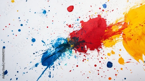 A dynamic splash of red, yellow, and blue paint on white canvas, emphasizing vibrant expression and energy in art.