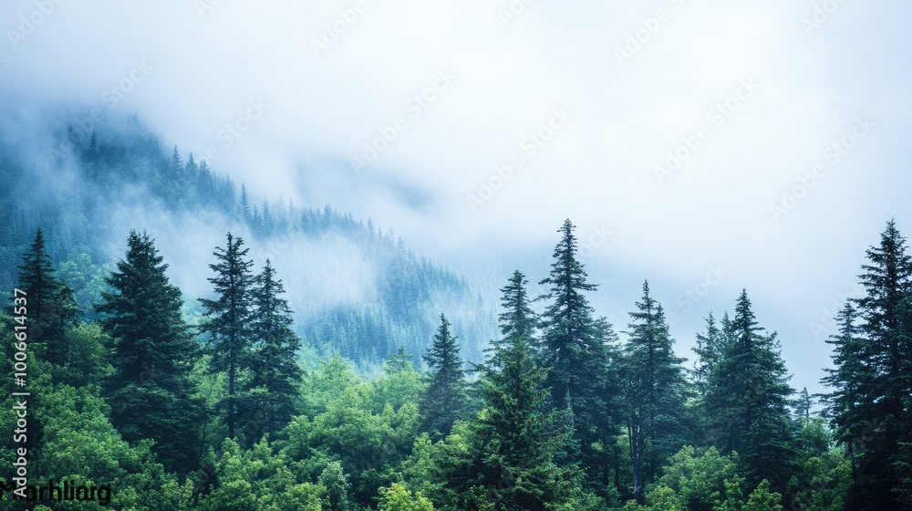 Lush Green Forest with Misty Mountains Lush Green Forest with Misty Mountains