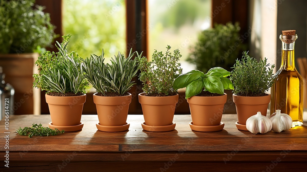 A beautiful display featuring rosemary, thyme, and basil arranged in small ceramic pots on a wooden kitchen table. A beautiful display featuring rosemary, thyme, and basil arranged in small ceramic pots on a wooden kitchen table.