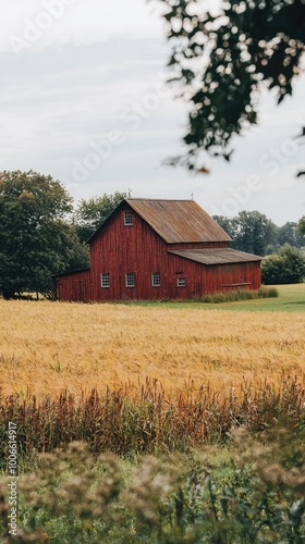 A picturesque red barn surrounded by golden fields, capturing the essence of rural life and serene landscapes.