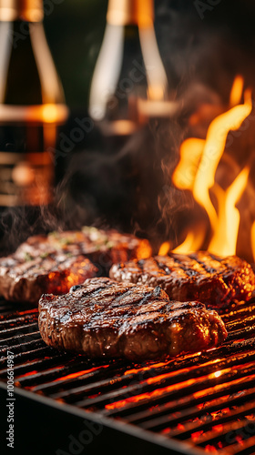 Sizzling steaks on a grill with flames and champagne bottles