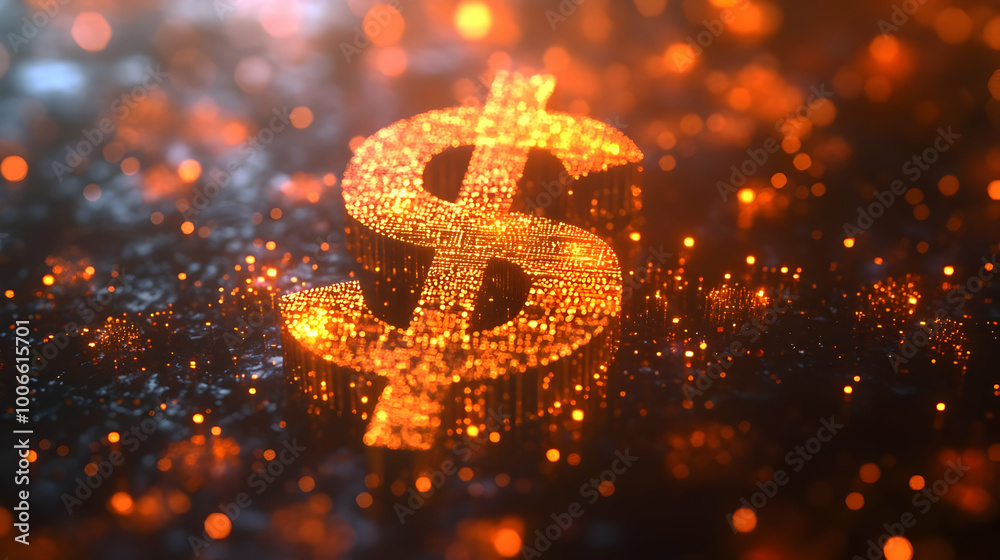 3D Bokeh Lights with Floating Financial Symbols: Golden Holographic ...