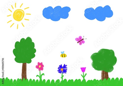 Kid's draw with a crayon sun clound  tree bee flowers butterfly