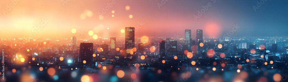 Abstract City Skyline with Bokeh Lights and Financial Icons Overlay: A Creative Representation of Urban Business Growth and Economic Activity for Corporate Advertising Abstract City Skyline with Bokeh Lights and Financial Icons Overlay: A Creative Representation of Urban Business Growth and Economic Activity for Corporate Advertising