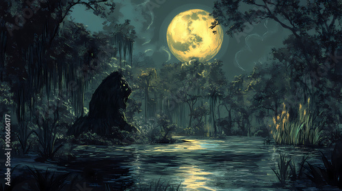 A eerie scene of a creature lurking in a swamp under the light of a full moon. Eerie Swamp. Illustration photo