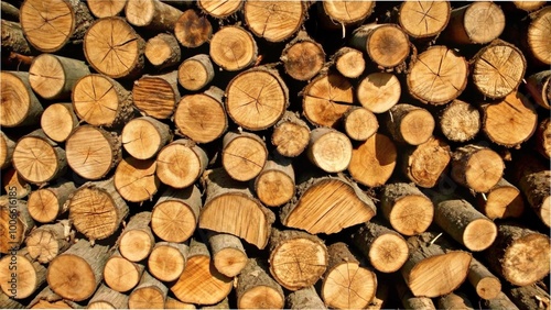 A close-up view of a pile of logs, highlighting the rich textures and colors of the wood