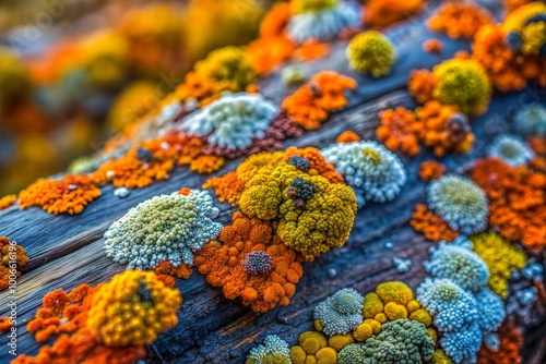 Close-up of colorful lichen growing on wood with intricate patterns photo