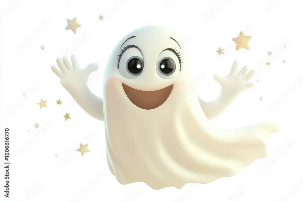 A ghost with huge eyes and eyelashes, happily waving his arms. There are stars around him, creating a bright and cheerful atmosphere. A ghost with huge eyes and eyelashes, happily waving his arms. There are stars around him, creating a bright and cheerful atmosphere.