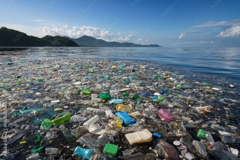 A vast collection of plastic waste floats on the ocean's surface, illustrating the severe pollution crisis affecting marine life. A vast collection of plastic waste floats on the ocean's surface, illustrating the severe pollution crisis affecting marine life.