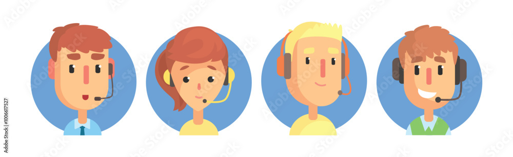 Hotline Call Center Man and Woman Operator at Support Department Vector Set Hotline Call Center Man and Woman Operator at Support Department Vector Set