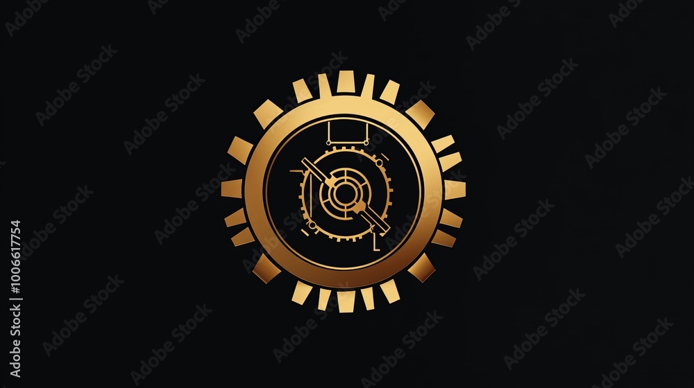 Fototapeta premium A futuristic emblem displaying a gold mechanical gear with precision and detail, set against a striking black background.