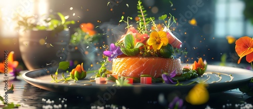 Exquisite Drendered Gourmet Meals  Highend Cuisine with Elaborate Saucing Colorful Edible Flowers and Elegant Microgreens photo