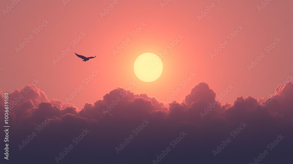 Stunning Sunset Sky with Bird Silhouette Stunning Sunset Sky with Bird Silhouette