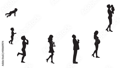 Life cycles of man and woman from a little baby to senior age vector illustration black and white art