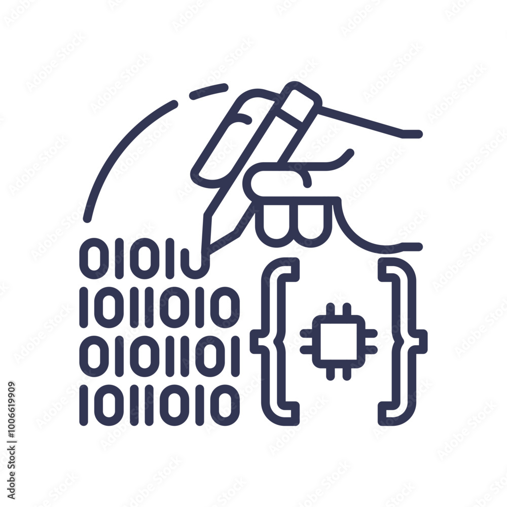 Hand writing binary code and a microchip, symbolizing AI generation and programming.