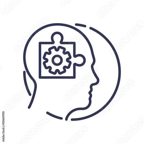 Outline of a human head with a puzzle piece and gear inside, symbolizing cognitive accessibility and mental processes.