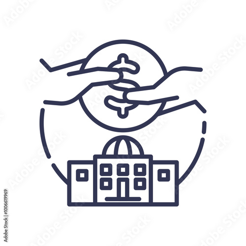Illustration of hands exchanging money above a government building, symbolizing financial support from the government.