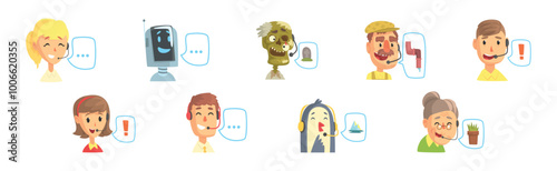 Hotline Call Center Man and Woman Operator at Support Department Vector Set