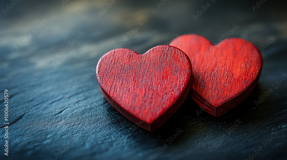 Obraz premium Two Red Wooden Hearts on a Dark Surface