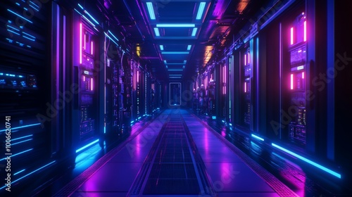 A vibrant neon-lit corridor lined with futuristic server racks, embodying technology's relentlessness and infinity.