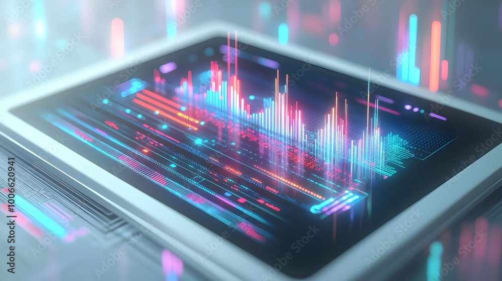 3D Close-Up of Holographic Financial Charts on Sleek Tablet | Futuristic Business Planning & Decision Making | Modern Technology Concept on White Background 3D Close-Up of Holographic Financial Charts on Sleek Tablet | Futuristic Business Planning & Decision Making | Modern Technology Concept on White Background