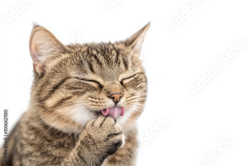 A cat grooming itself, licking its paw, realistic movement, best for marketing, isolated on white background