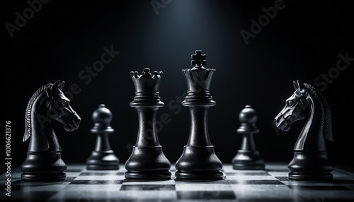 Focused chess knight poised for a fork move against the king and rook, with dramatic spotlight highlighting the strategic moment in a dark backdrop photo