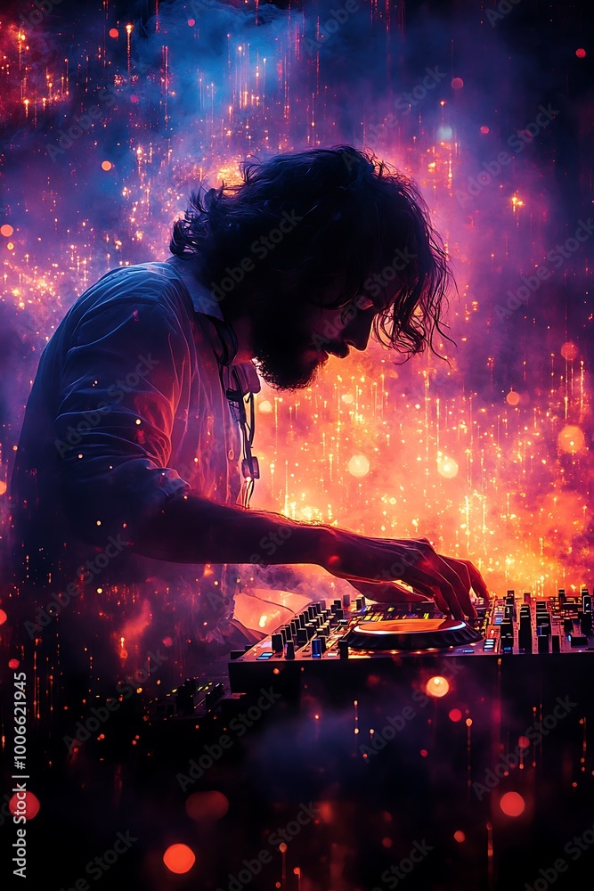 DJ mixing music with colorful light effects and neon glowing background. Nightclub party atmosphere. DJ mixing music with colorful light effects and neon glowing background. Nightclub party atmosphere.